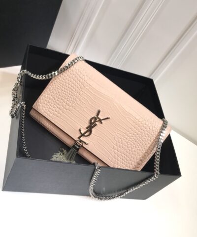 Saint Laurent Kate Medium Chain Bag With Tassel In Embossed Crocodile Dark Beige For Women 9.4in/24cm YSL