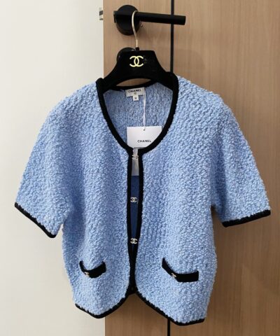 Chanel Short Sleeves Cardigan Blue For Women