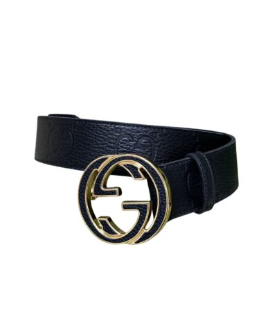 Gucci GG Marmont Circle Buckle Belt Black Leather With Gold Trim 40mm