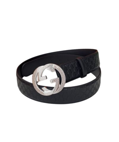 Gucci Monogram Belt Black With Silver Crystal Buckle 40mm